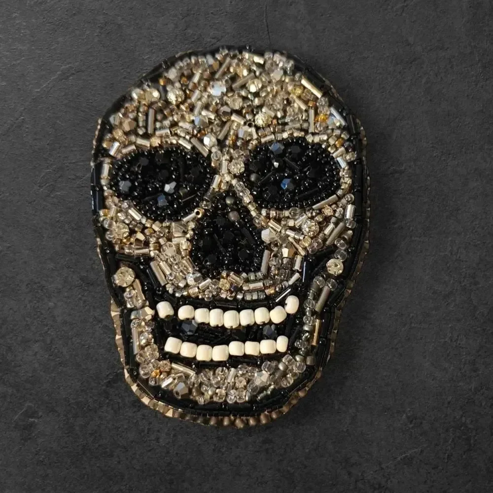 Murka Designer's Hand Beaded Skull Brooch - Black and Silver Large